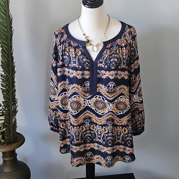 Valerie Stevens Tops - Valerie Stevens Navy, Orange, and Gold Patterned Popover Blouse